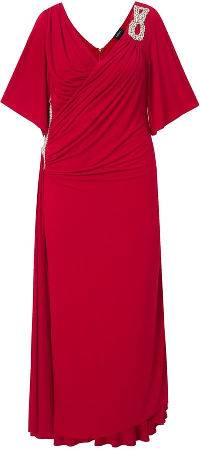 Ulla Popken - Dames - Maxi-jurk drapering siergespen klokmouwen - Lichtrood - Maat 52