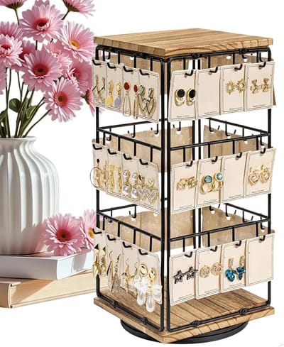 Oorbellenhouder Organizer - Sieraden display - Sieraden presenteren - 360 graden draaibaar - 48 haken - Hout en metaal
