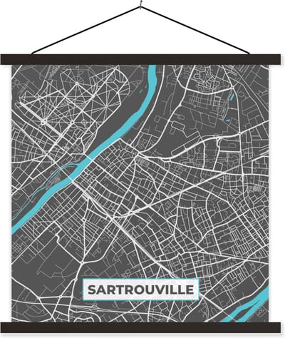Posterhanger incl. Poster 60x60 cm - Schoolplaat - Frankrijk - Sartrouville - Stadskaart - Kaart - Plattegrond - Textielposter - Zwarte latten - Stadskaart