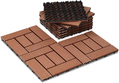 WPC-terrastegels, 30x30 cm, 66-delige set voor 6m², bruine houtlook, voor tuin- en balkonvloeren met drainage en kliksysteem.