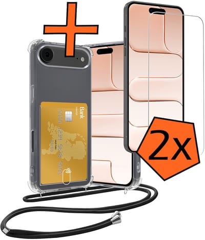 Hoesje Geschikt voor iPhone Air Hoesje Met Telefoonketting Pasjeshouder Shockproof Case Met 2x Screenprotector Koord - Hoesje Geschikt voor iPhone Air Hoes Met Kaarthouder - Transparant