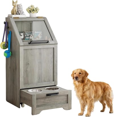 Honden Voerstation met Opbergkast & Uitschuifbare Voerbakken - Voedselcontainer met Klep - Verhoogde Voerbak Hond / Kat - Grijs