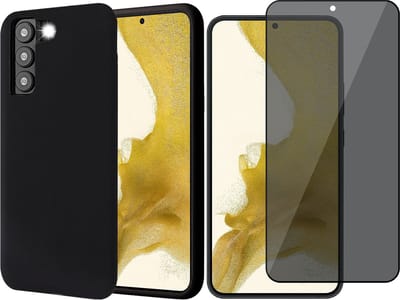 Hoesje geschikt voor Samsung Galaxy S22 Plus - Matte Back Cover Microvezel Siliconen Case Hoes Zwart - Tempered Glass Privacy Screenprotector
