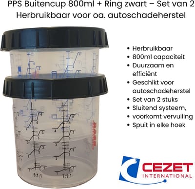 Verfbeker PPS Buitencup 800ml met Zwarte Ring – Duurzaam – Set van 2 – Vergelijkbaar met 3M – Autoschadeherstel
