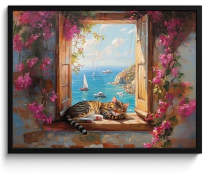Poster in lijst - Fotolijst 70x50 cm - Posters - Kat - Blauwe zee - Roze bloemen - Posterlijst zwart - Decoratie - Wanddecoratie woonkamer - Muurdecoratie slaapkamer