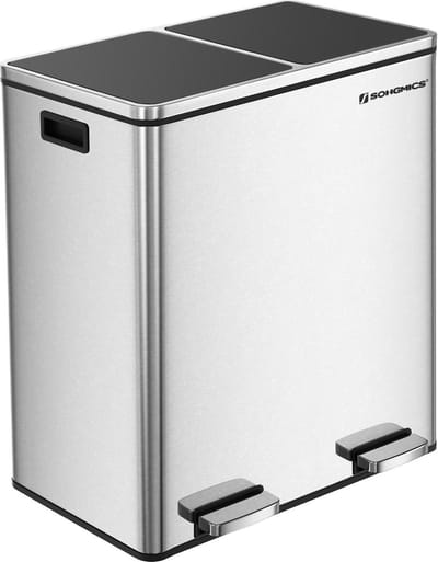 Songmics Prullenbak, 2X30 Liter, 2 Handventilator, Afvalscheidingssysteem, Pedaalemmer, Vuilnisbak Keuken, 15 Vuilniszakken, Metaal