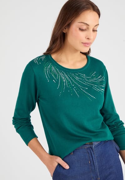 Damart - Fijn gebreide trui met studs - Dames - Groen - XS