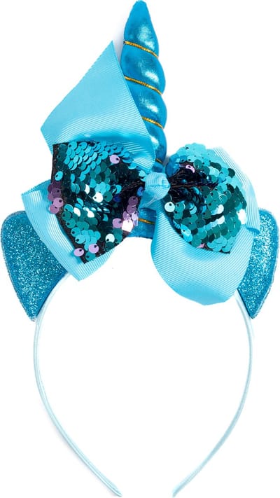 KIMU® Eenhoorn Strik Haarband Blauw Lila Pailletten - Unicorn Diadeem Met Oortjes En Strikje - Blauwe Hoorn Paarse Lint Glitter Glans Festival