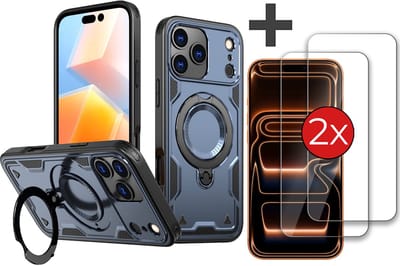 Hoesje Geschikt voor iPhone 17 Pro Max met 2 Stuks gehard glas Screenprotector - Armor hoes met Ringhouder - Arara backcover - Donker Blauw