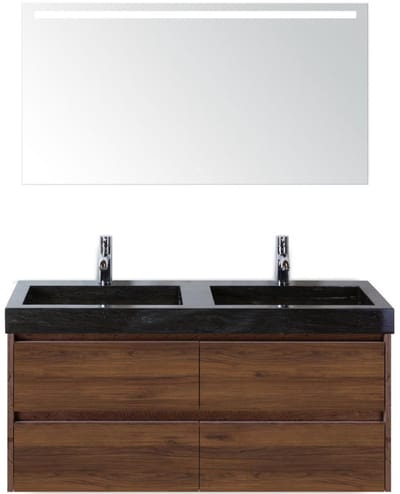 Dante Badmeubelset 120 cm - Walnoot - Wastafel Hardsteen Wit Lucca Dubbel met Sence Spiegel
