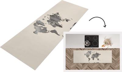 Keukenloper - Loper keuken - Wereldkaart - Hout - Grijs - 150x50 cm - Keukenloper vinyl