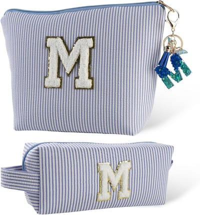 Persoonlijke Make-up Tas met Sleutelhanger en Initialen voor Vrouwen, Perfecte Cadeaus voor Moeders, Vriendinnen en Zussen, Blauw, Stijlvol en Praktisch