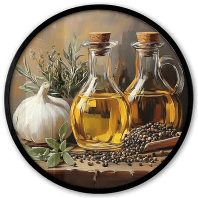Poster in lijst Rond - Fotolijst 40x40 cm - Posters - Stilleven - Olijfolie - Knoflook - Kruiden - Ronde posterlijst zwart - Decoratie - Wanddecoratie woonkamer - Muurdecoratie slaapkamer