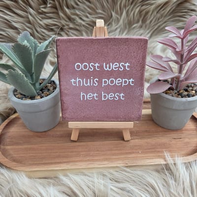 Robuust wenstegeltje “oost west thuis poept het best” – Humoristische Wanddecoratie & Cadeau – Cadeau vrienden,zomaar – Humor tegeltje - Grappige tekst tegel – WC decoratie humor – Decoratief Tegeltje met Standaard – Cadeau Idee