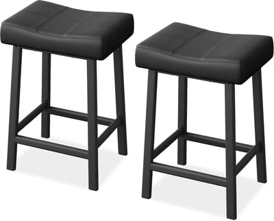 Moderne zadelbarkrukken set van 2 stuks – 61 cm aanrechthoogte, zonder rugleuning, bekleed met kunstleer, metalen potten en voetsteun, eenvoudig te monteren voor keukeneiland en eetaanrecht