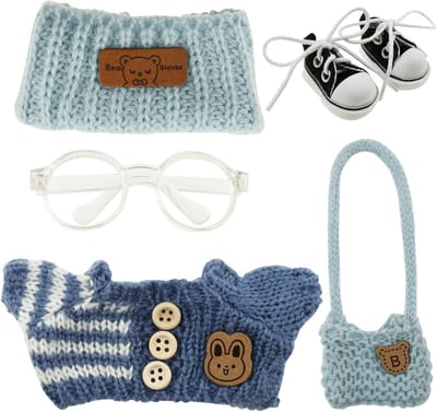 5-Delige Poppenkleding Set voor 17 cm Mini Pluche Poppen - Inclusief Trui, Muts, Tas, Bril en Schoenen