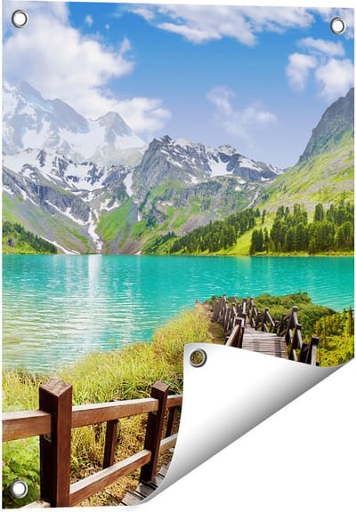 Gards Tuinposter Pad naar een Helder Blauw Meer in de Bergen - 40x50 cm - Tuindoek - Tuindecoratie - Wanddecoratie buiten - Tuinschilderij