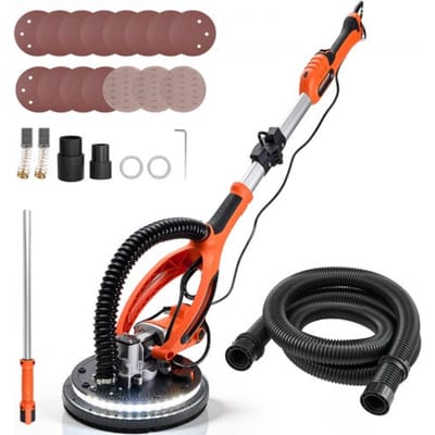 VEVOR Gipsplaatschuurmachine 850 W, Plafondschuurmachine met 255 mm schuurschijf, Schuurmachine met lange steel en een toerental van 800–1700 rpm, Dubbelwandige LED-verlichting, Uitschuifbare handgreep, 15 schuurschijven, Stofslang