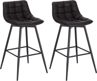 Happyment Leren barkrukken met rugleuning - Set van 2 - Ergonomisch - Keuken - barstoelen - Industrieel/Modern - Zwart - 43x35x88cm