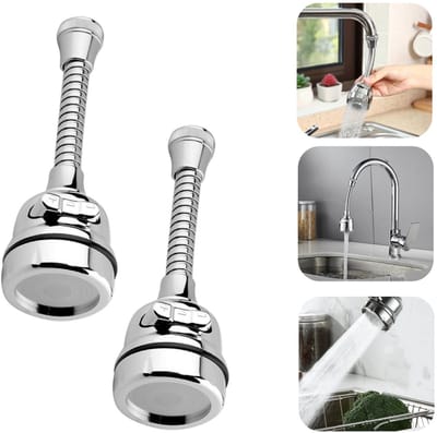 Set van 2 kraansproeikoppen – Spoelbakopzetstukken – Kraanverlengers – 360° draaibare slangen – Kraanbeluchters – 3 waterstraalstanden – Voor keukens, badkamers, toiletten (16,5 cm – Zilver)