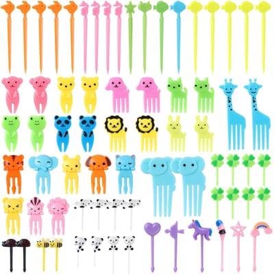 Dailygoods- Fruitvorken 72 stuks - Dieren-/Bloemen-/Hartvormen - Herbruikbare Tandenstokers - Kinderfeestjes - Voedselspiesjes - Kleurrijk Design - Voedselprikkers