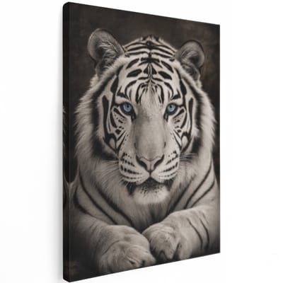 Artaza Canvas Schilderij Witte Tijger Met Blauwe Ogen - Dieren - Zwart Wit - 60x80 cm - Wanddecoratie Woonkamer - Schilderijen - Muurdecoratie