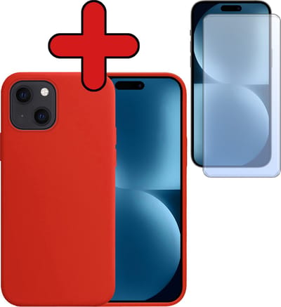 Hoesje - Met Screenprotector - Geschikt voor Apple iPhone 15 - Sterk & Shockproof - Telefoon Hoes - Back Cover - Siliconen Case - Telefoonhoes - Rood