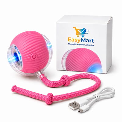 EasyMart Automatische Kattenbal – Interactief Kattenspeelgoed met LED & Touw – Zelfrollende Elektrische Speelbal – 3 Speelmodi – USB-C Oplaadbaar – Voor Binnenkatten – Roze