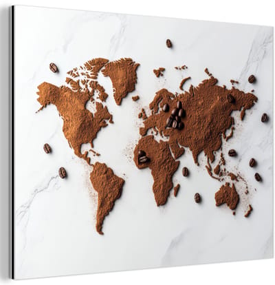Aluminium schilderij 80x60 cm - Wanddecoratie metaal - Wereldkaart - Koffie - Marmer - Metalen muurdecoratie woonkamer - Decoratie industrieel - Foto op dibond - Industriële accessoires slaapkamer