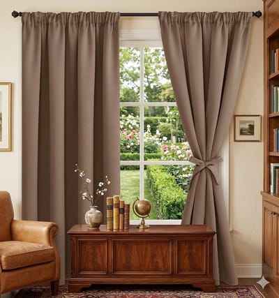 Verduisterende Gordijnen met Plooiband en Tiebacks, Warmte-isolerend, Kaki, 117x137 cm, 2 Stuks