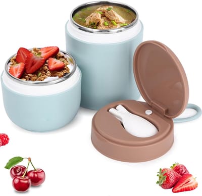 Mueslibeker to-go, roestvrij staal, paperbeker, 430 ml + 300ml, lekvrije yoghurtbeker om mee te nemen, met lepel en deksel, dubbellaags, lekvrije yoghurtbeker voor werk, school, toerisme (blauw)