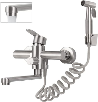 Kraan keuken wandmontage, wandarmatuur keuken met spuitpistool, 360° draaibare keukenkraan wandmontage, draaibuis 23 cm, geborsteld roestvrij staal