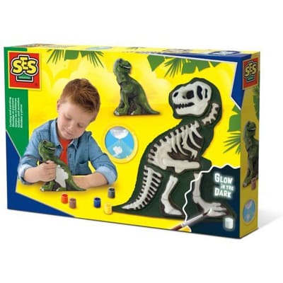 SES - Gieten en schilderen - T-Rex met skelet - dino - glow in the dark - sneldrogend - met gietmal, gips, verf, penseel, kam en lijm
