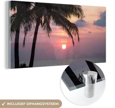 MuchoWow® Glasschilderij 120x60 cm - Schilderij acrylglas - Palmbomen - Pastel - Avond - Zomer - Tropisch - Foto op glas - Schilderijen