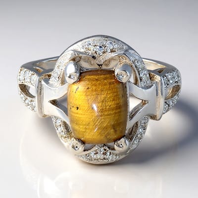 Cavill - Zilveren Ring met Tijgeroog 2,44 ct en 26 Witte Topazen 0,138 ct - 925 Sterling Zilver - Elegante Vintage Stijl - Ringen voor Dames Maat 17