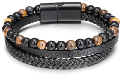 Armband Heren - Zwart Leer met Bruine Kralen - Leren Armbanden - Kralenarmband - Papa Cadeau Voor Mannen - Vaderdag