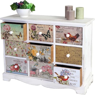 Ladekast Shabby Look met 9 Lades - Vintage Commode Hout - Antiek Wit