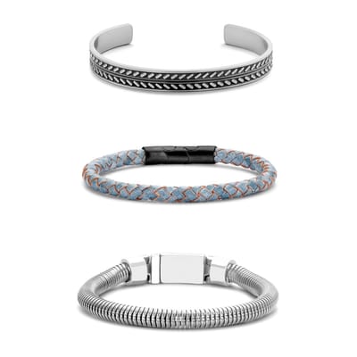 Frank 1967 7FR-SET037 Armbanden Set - 3 Armbanden - Cadeau voor hem - 20cm - Fashion - Stoer - Leer - Zilverkleurig - Licht Blauw
