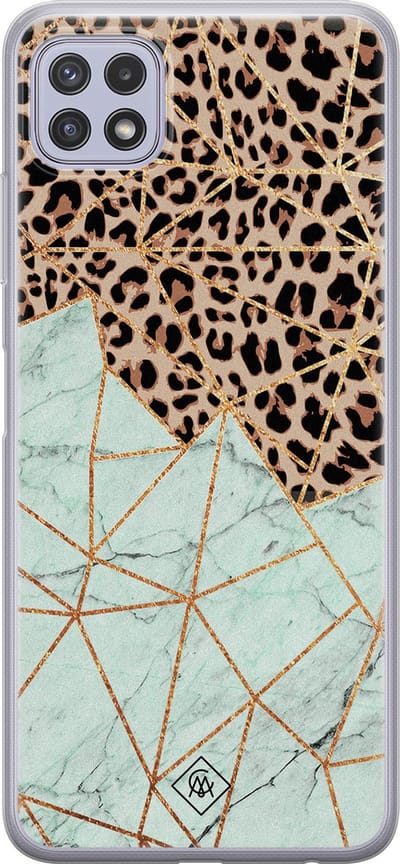 Casimoda® hoesje - Geschikt voor Samsung A22 5G - Luipaard Marmer Mint - Backcover - Siliconen/TPU - Bruin