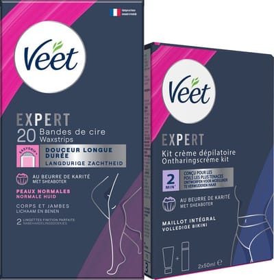 Veet - Expert - Alle huidtypes - Ontharingsstrips Benen (Normal) 20st - Ontharingscreme met sheaboter Bikini Kit 100ml (2 x 50ml)
