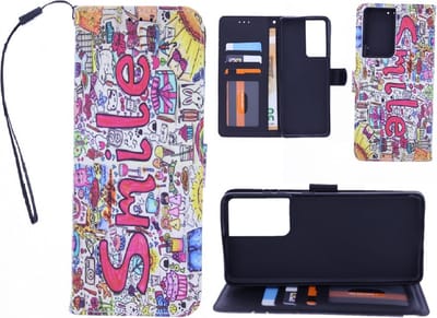 LuxeBass Boekhoesje met print geschikt voor Samsung Galaxy S21 Ultra - Smile Graffiti - telefoonhoes - gsm hoes - telefoonhoesjes