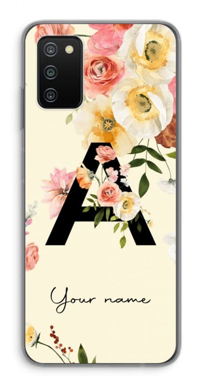Gepersonaliseerd - Case Company® - Hoesje geschikt voor Samsung Galaxy A03S hoesje - Flirty Flowers Monogram - Soft Cover Telefoonhoesje - Bescherming aan alle Kanten en Schermrand
