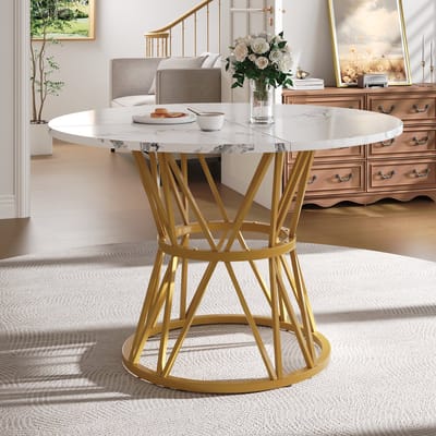 Eettafel Rond - 100 x 100 x 76 cm - Keukentafel Voor 4 Personen - Met Metalen Poten - MDF En Metaal - Goud