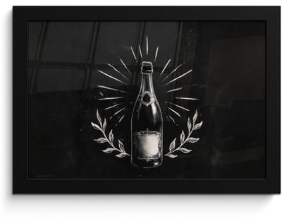 Poster in lijst - Fotolijst 30x20 cm - Posters - Champagnefles - Lauriertakken - Zwarte achtergrond - Posterlijst zwart - Decoratie - Wanddecoratie woonkamer - Muurdecoratie slaapkamer