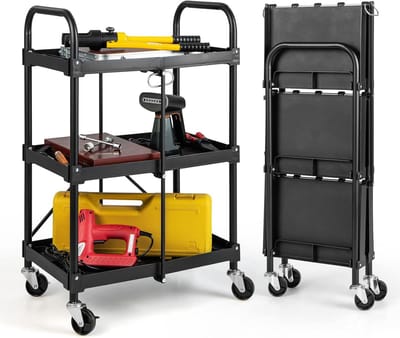 COSTWAY Gereedschapswagen, 3 etages, inklapbare rolwagen op wieltjes, multifunctionele wagen met leuningen, werkplaatswagen, servicewagen, voor werkplaats, kantoor, thuis, montagewagen