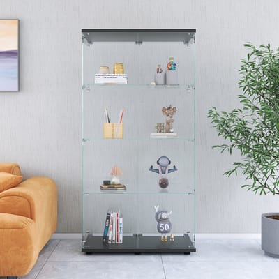 Vitrinekast in zwart, glazen vitrinekast met 4 niveaus en 2 deuren van gehard glas, vitrinekast met slot voor woonkamer, slaapkamer of hal
