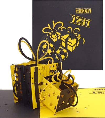 3D pop-up kaart - Kerstkaart Voetbal - Kerstgroet Versturen - Filigraan handgemaakt - 12 x 12 cm - Zwart geel