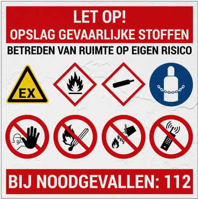 Let op opslag gevaarlijke stoffen bord | Sign Again materiaal | 20 x 20 cm