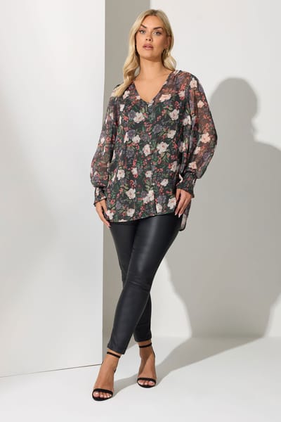 Yours London Zwarte Blouse Met Gesmokte Manchetten En Bloemenprint Size 52
