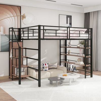 MEUNIQ hoogslaper 140x200 cm met opbergtrep, kleine kledingkast, planken en hoog veiligheidshek, metalen bedframe voor slaapkamer in zwart